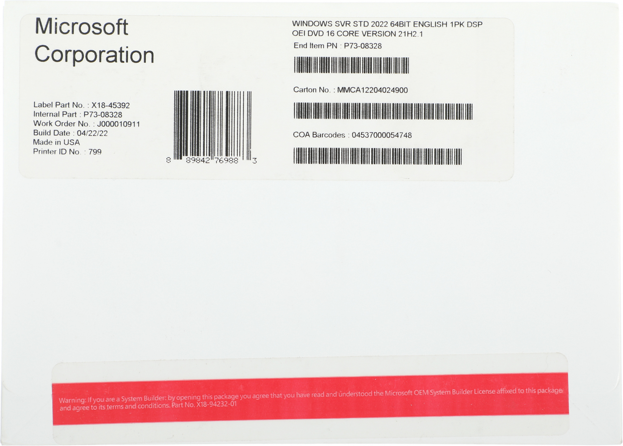 Операционная система Microsoft Windows Server Standard 2022 64Bit Eng 1pk DSP OEI DVD 16 Core (P73-08328)