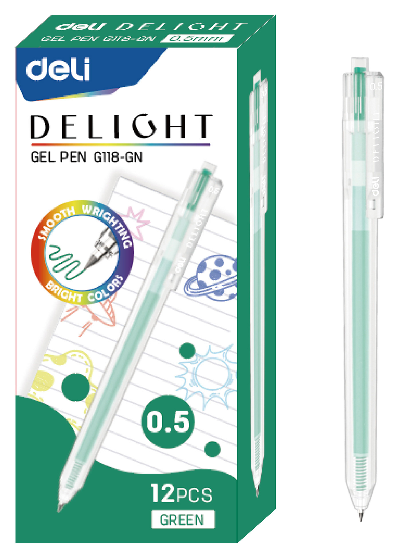 Ручка гелев. автоматическая Deli Delight EG118-GN прозрачный зел. черн. линия 0.5мм
