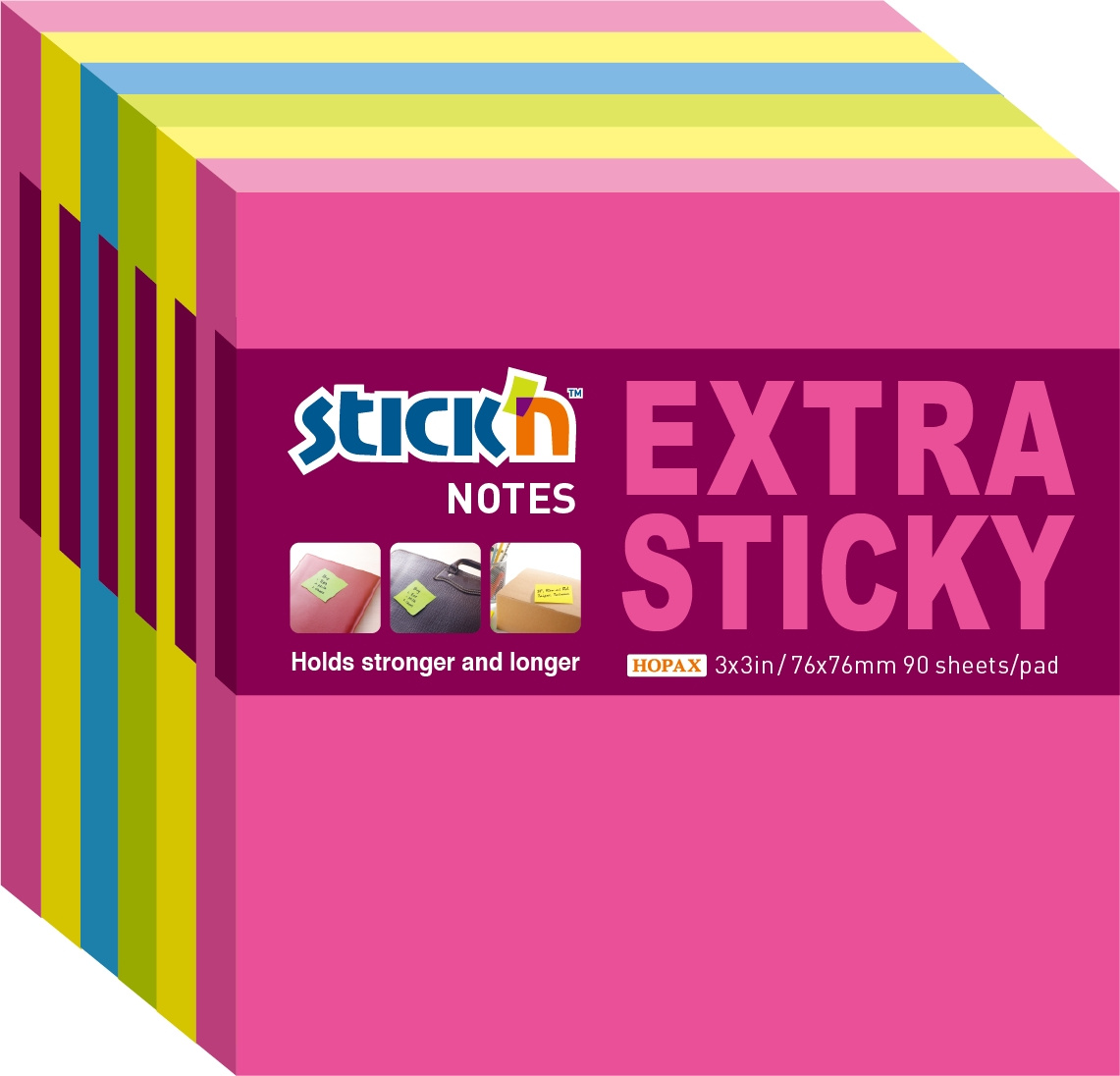 Блок самоклеящийся бумажный Stick`n Extra Sticky 21679 76x76мм 90лист. 70г/м2 неон ассорти (упак.:6шт)