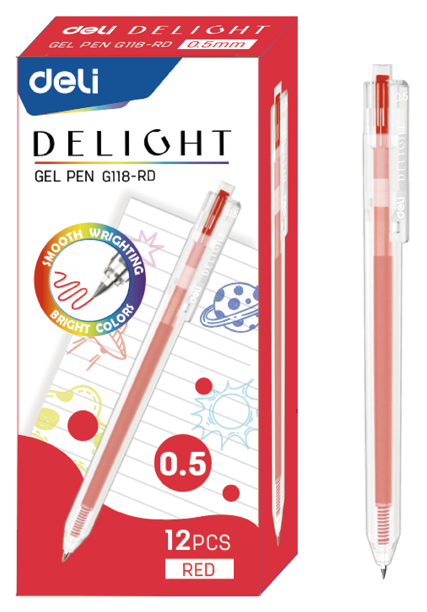 Ручка гелев. Deli Delight EG118-RD прозрачный красн. черн. линия 0.5мм